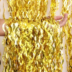 2 Pack 3.2×6.5 Feet Wavy Gold Foil Fringe Backdrop Curtains Tinsel Streamers