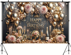 Luxury Happy Birthday Backdrop Black Gold Party Decoration Elegant Balloon Champ
