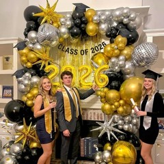 2026 Graduation Balloon Garland Arch Kit, Black Gold Silver Balloon Arch Clas…