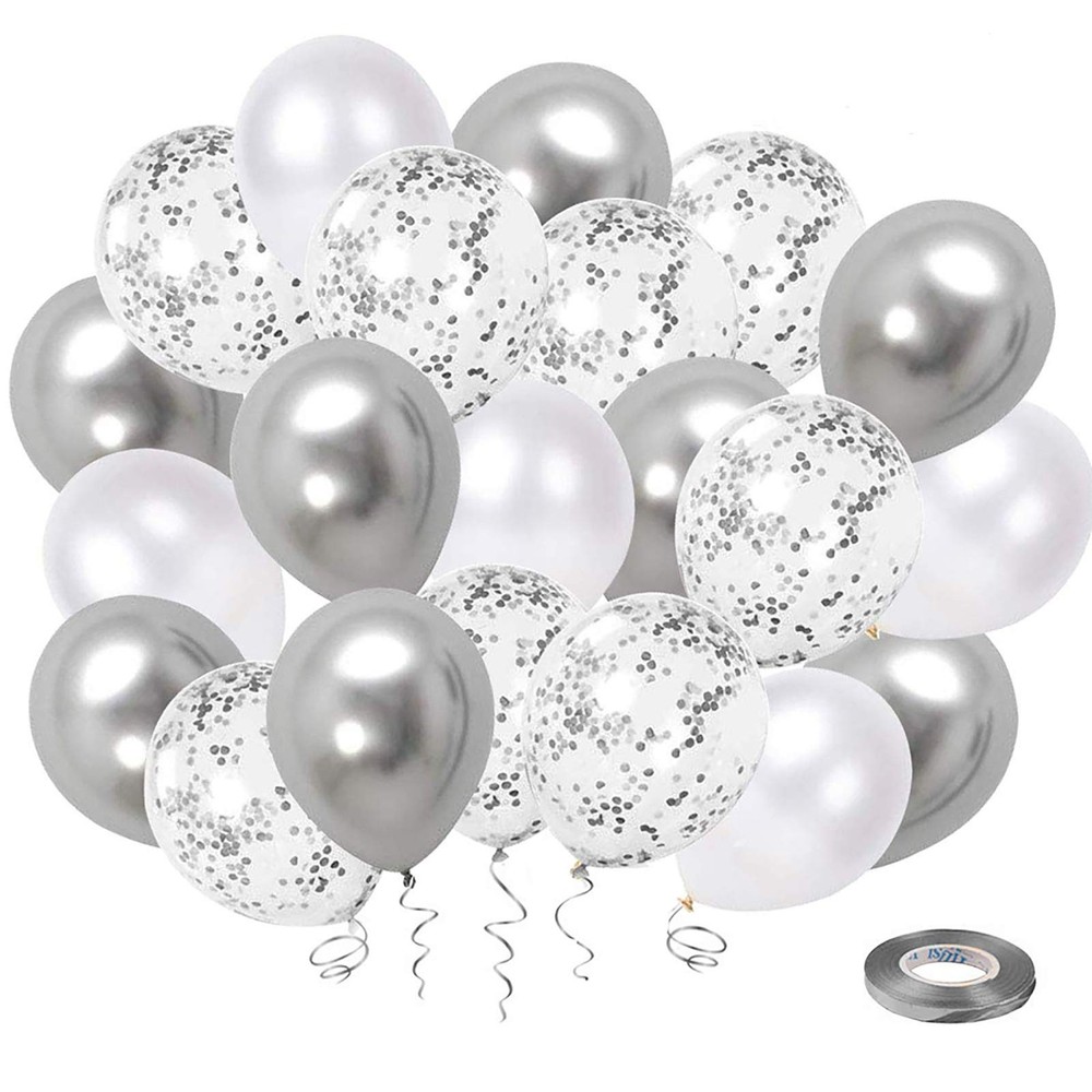 50 Pack Silver Confetti Latex Balloons for Wedding, Birthday, Baby Shower Decor