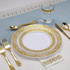 FOCUSLINE 350 Ct Gold Dinnerware Set for 50 Guests, Gold Lace Plastic Plates …