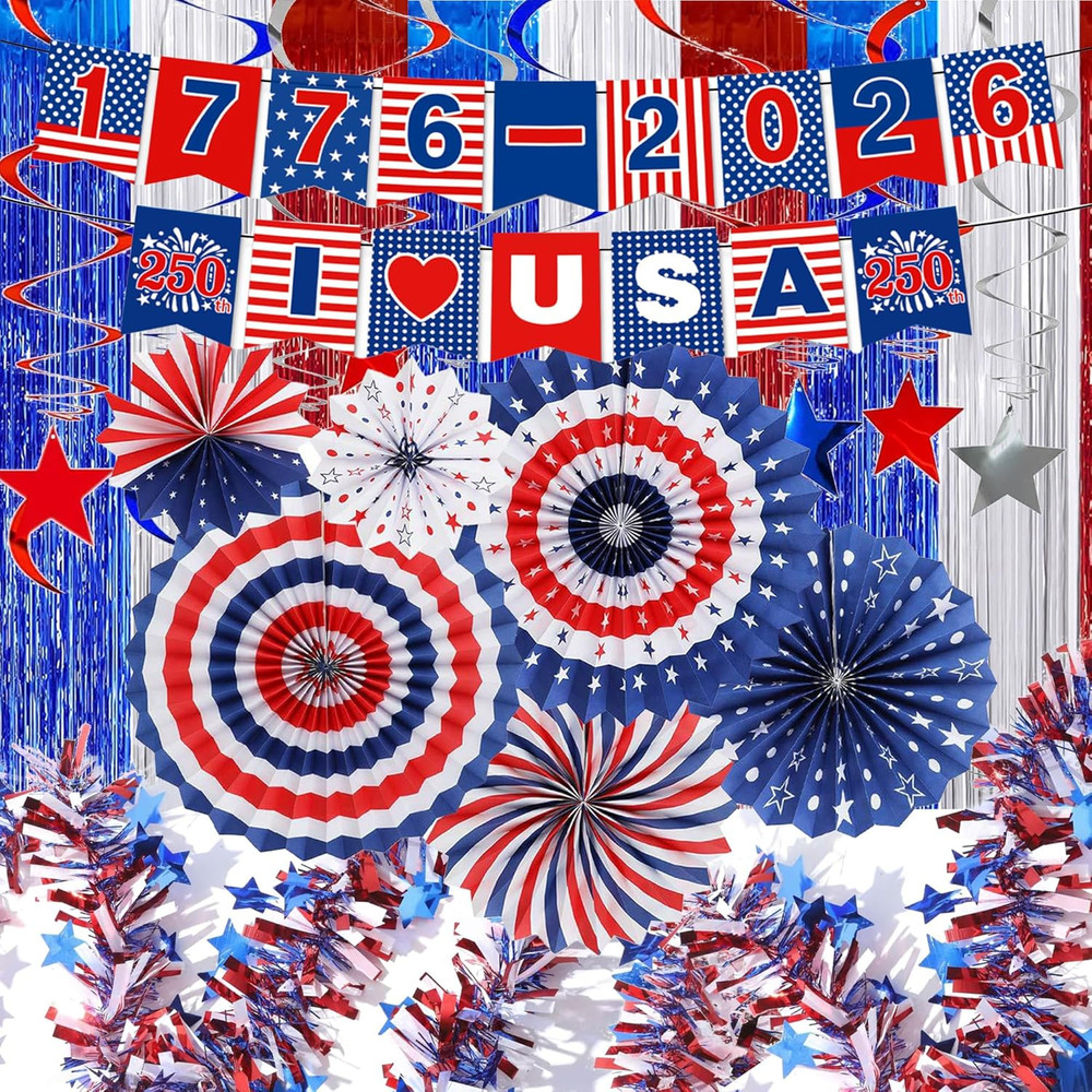 30pc Patriotic Party Decoration Set, Red White & Blue Paper Fans & Banners
