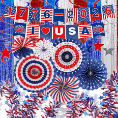 30pc Patriotic Party Decoration Set, Red White & Blue Paper Fans & Banners