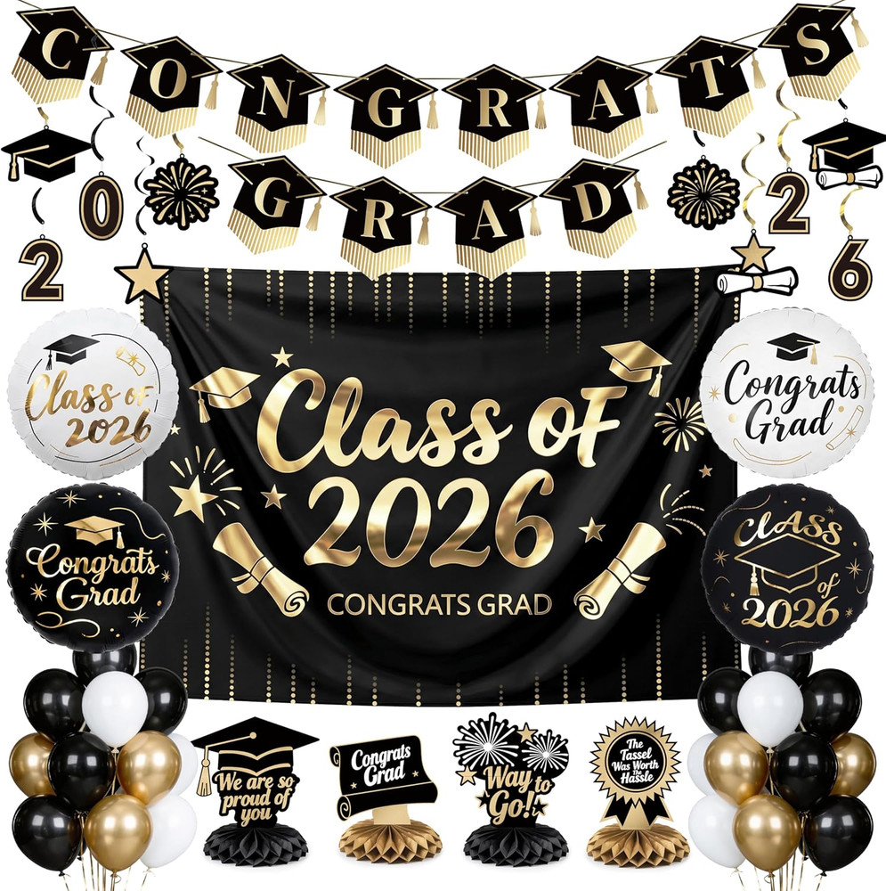 Graduation Party Decorations 2026 Grad Party Supplies Set Black Gold White 40Pcs