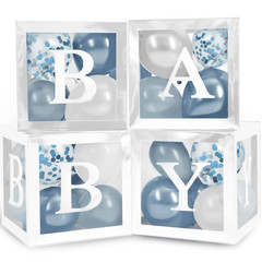 Baby Shower Boxes with Letters 44 Pcs White Boxes with White Dusty Blue Balloons