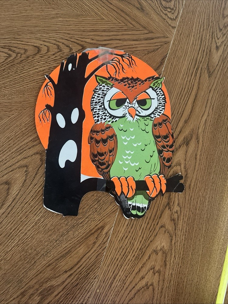 Wise Old Halloween Owl Sitting In A Tree Approx 1970s 11 X 9.5 Inches