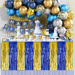 2 Pack Blue Gold Table Skirts Party Decorations Metallic Tinsel Foil Fringe