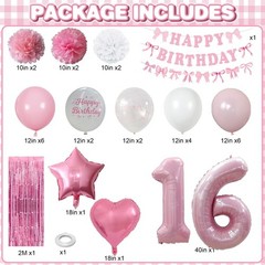 16th Decorations for Girls Pink Number 16 Balloon Bow Coquette Happy Banner F…
