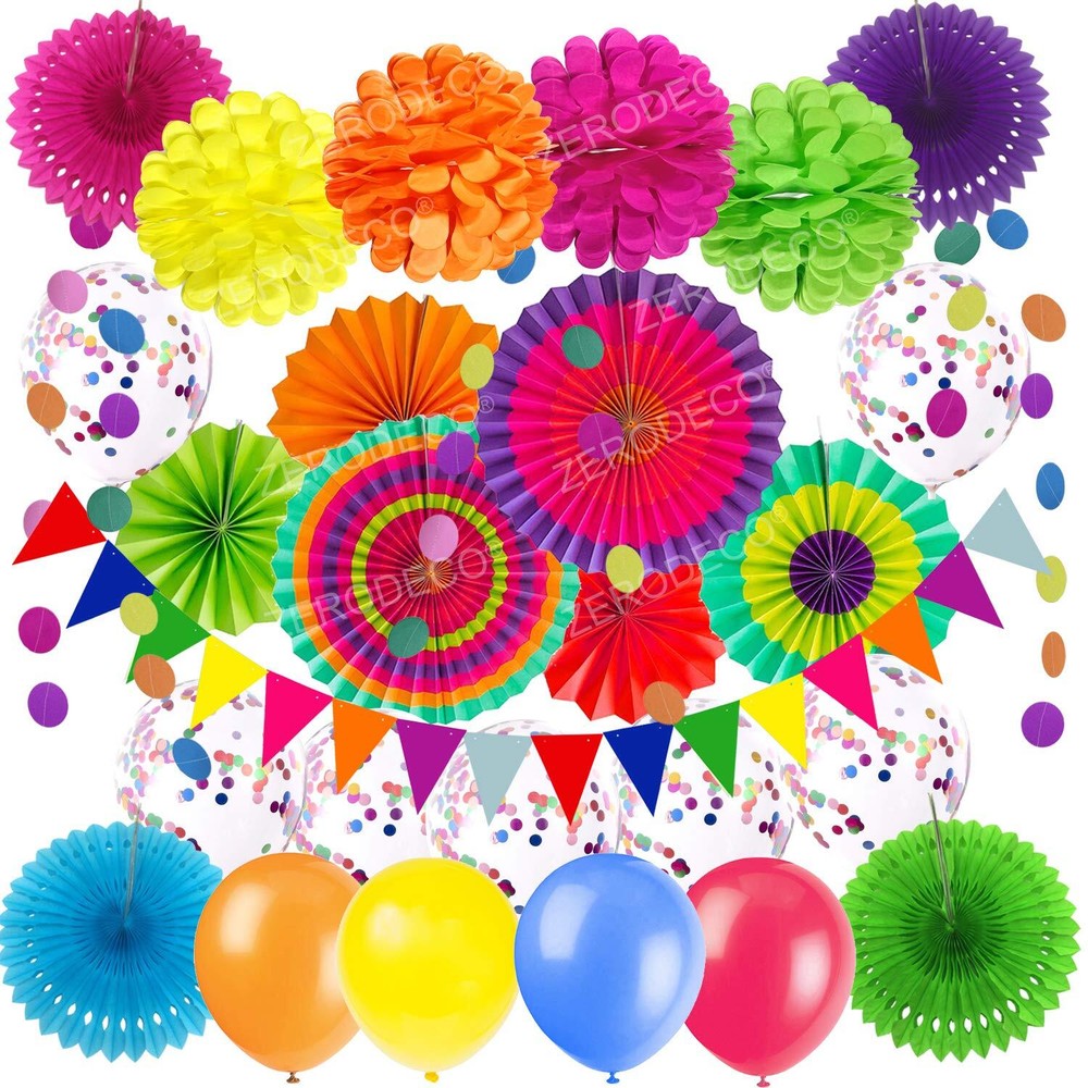 Party Decoration, Multi-colored Paper Fans Pom Poms Flowers Garlands Confetti…