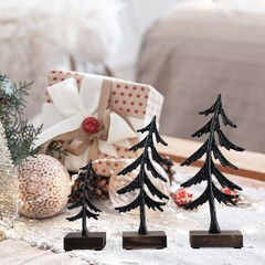 Set of 3 Black Metal Christmas Tree Tabletop Decorations with Flat Brown Wood…