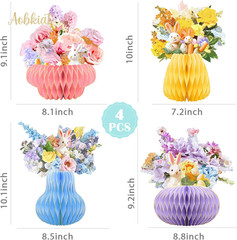 Easter Party Decorations,Paper Honeycomb Vase with Bouquet Print Card,Glitter Ed