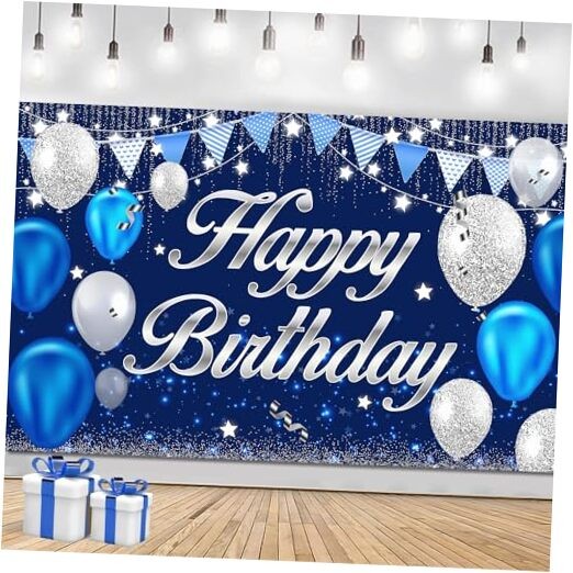 Happy Birthday Banner – Birthday Decorations for Men Women Boys blue silver