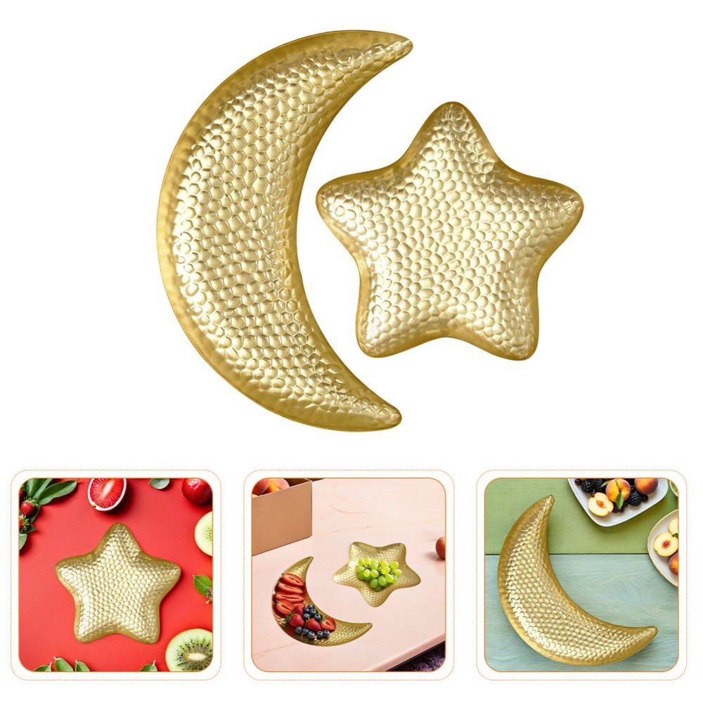 2 Pcs Hammered Star and Moon Fruit Plate Decorative Ramadan Serving Trays