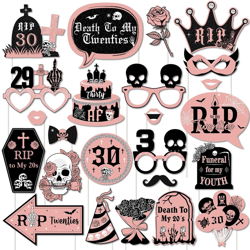 Death To My 20s 30th Birthday Photo Booth Props Rip Twenties Black Gold 24 PCS