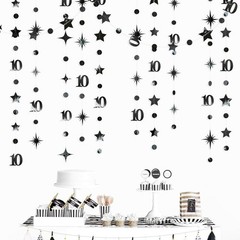 Black 10th Birthday Decorations Number 10 Circle Dot Twinkle Star