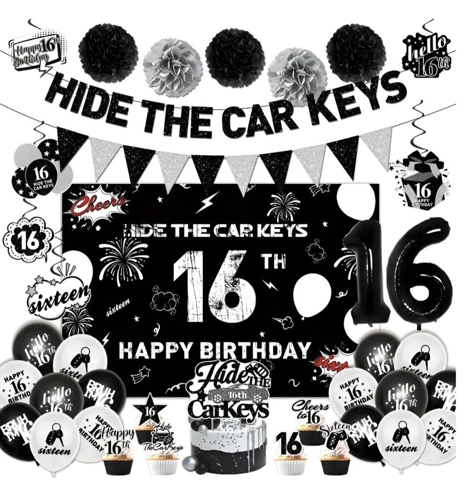 16th BIRTHDAY PARTY Decorations BLACK & SILVER, Hide The Car Keys 16 Years Old