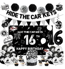 16th BIRTHDAY PARTY Decorations BLACK & SILVER, Hide The Car Keys 16 Years Old
