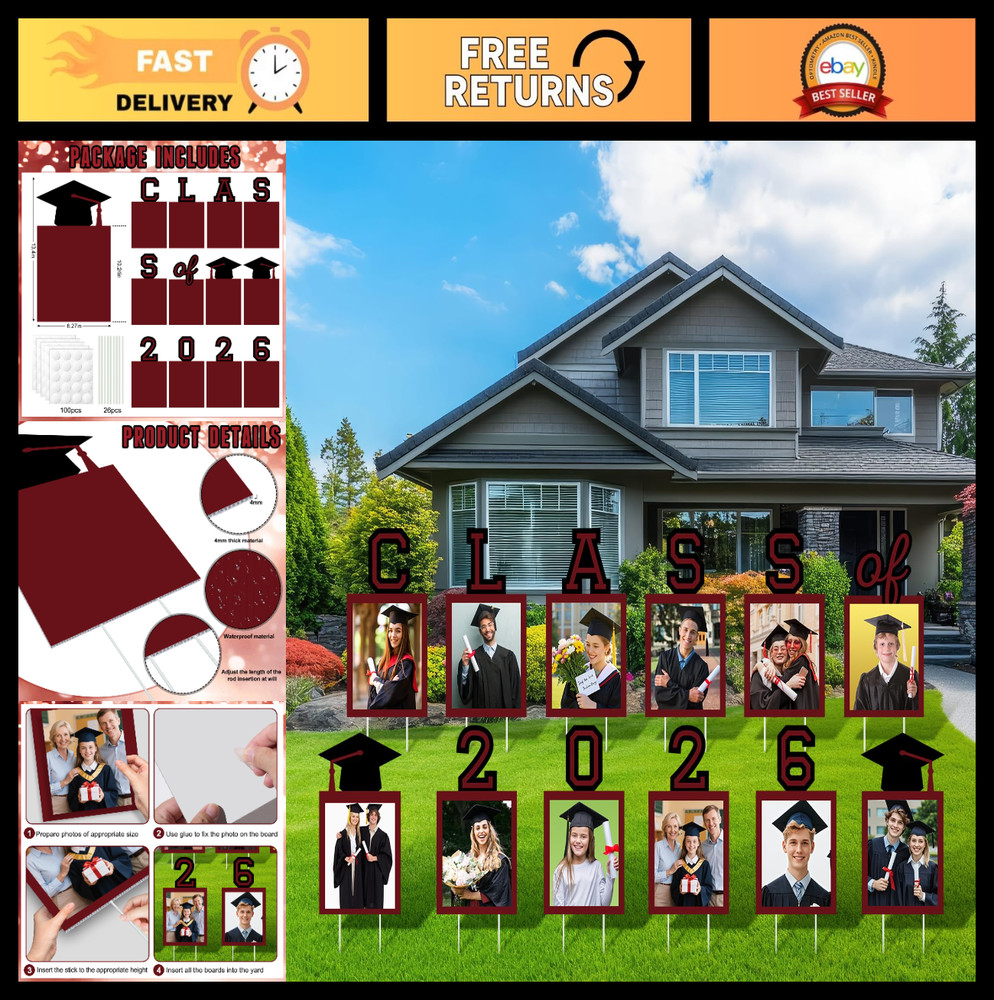 12 Pcs Graduation Yard Signs 2026 – K-12 School Photo Frames with Stakes, Maroon