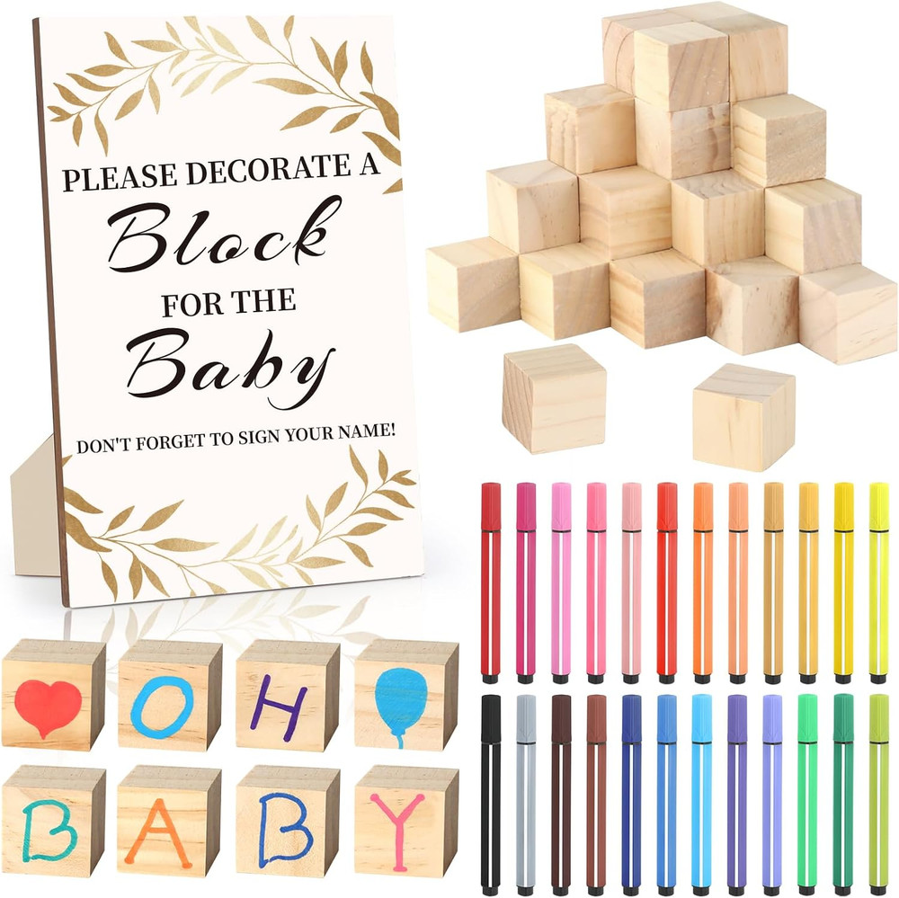 Baby Shower Games Sign Kit with 50 Blank Wooden Baby Blocks, 24 Acrylic Paint Ma