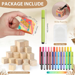 Baby Shower Games Sign Kit with 50 Blank Wooden Blocks, 24 Acrylic Paint Marker