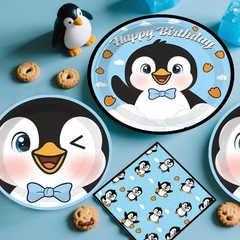 Penguin Themed Birthday Tableware Includes Tablecover, Utensils, Decorations