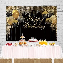 Black & Gold Birthday Backdrop 10x8ft – Glitter Sequin Banner for Party Decor, P