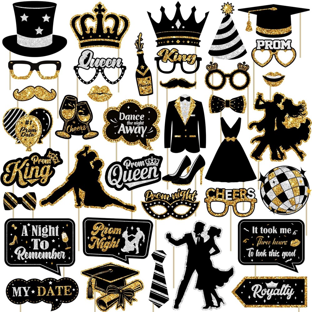39 PCS Black Gold Silver Prom Photo Booth Props Send Off Party Decorations