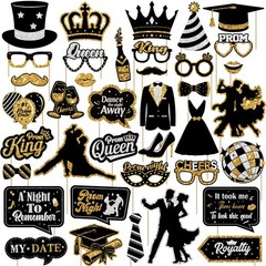 39 PCS Black Gold Silver Prom Photo Booth Props Send Off Party Decorations