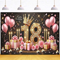 18th Birthday Backdrop Banner – Black & Pink Balloons, Golden Crown Theme, 8x6ft
