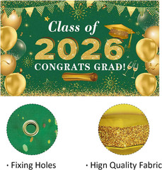 Graduation Decorations Congrats Grad Class of 2026 Backdrop – Green and Gold Gra