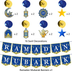34Pcs Ramadan Decorations Pre-Assembled Mubarak Eid Kareem Muslim Banner Hanging