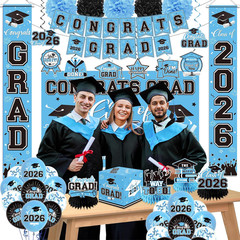 Graduation Decorations 2026 Light Blue Party Decor Set with Congrats Grad Banner