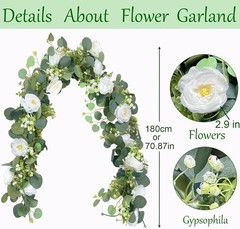 2 Pack 6Ft Artificial Eucalyptus Flower Garland with White Roses, Faux Floral