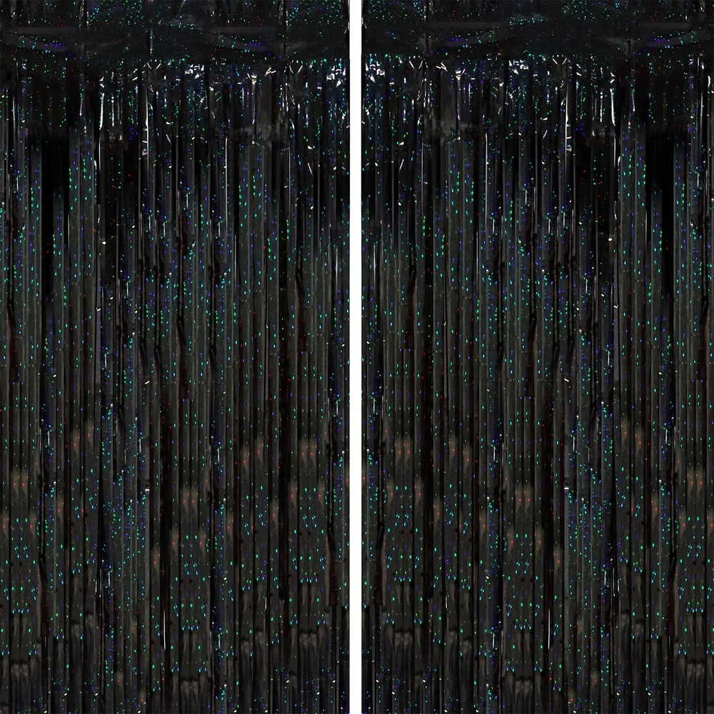 2 Pack Laser Black Tinsel Foil Fringe Curtains, Black Party Decorations, Meta…
