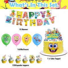 SpongeBob SquarePants Birthday Party Supplies Set，Balloons Banner Cake Toppers