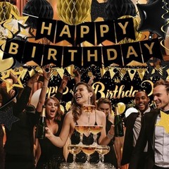 Gold Black Birthday Decorations, Happy Birthday Banner, Backdrop, Balloons, H…