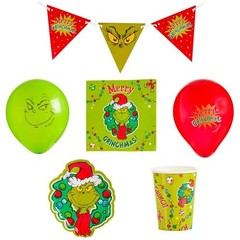 Grinch Grinchmas Party Box 42pcs Xmas Decorations Plates Cups Balloons Bunting