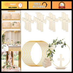 24 Pcs Baptism Centerpiece Decor – 12 Wood Crosses & 12 Metal Floral Hoops for W