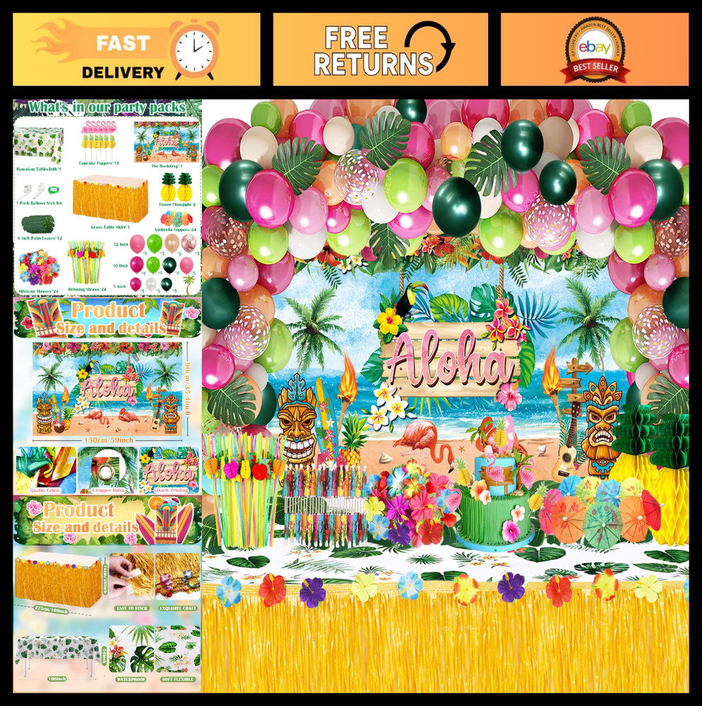 Tropical Luau Party Decorations 161 Pcs – Aloha Backdrop, Table Skirt, Balloons