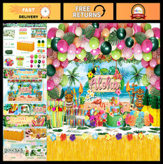 Tropical Luau Party Decorations 161 Pcs – Aloha Backdrop, Table Skirt, Balloons