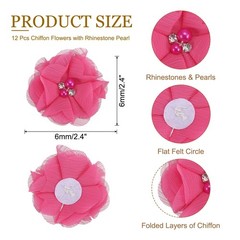 12Pcs 2″ Chiffon Flowers with Rhinestone Pearl Sewing Fabric Flowers, Rose Red