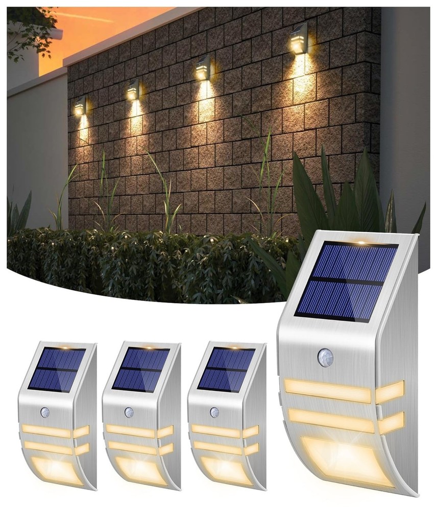 4 Pack Solar Stainless Steel Fence Lights Outdoor Waterproof Motion Sensor Wa…