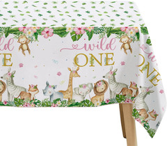 Wild One Birthday Decorations Girl Tablecloth, 3Pcs Disposable Zoo Animal Jungle