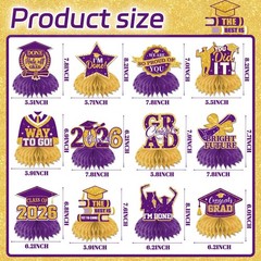 12Pcs Purple and Gold Graduation Decorations Hoenycomb Centerpieces, 2026 Gli…