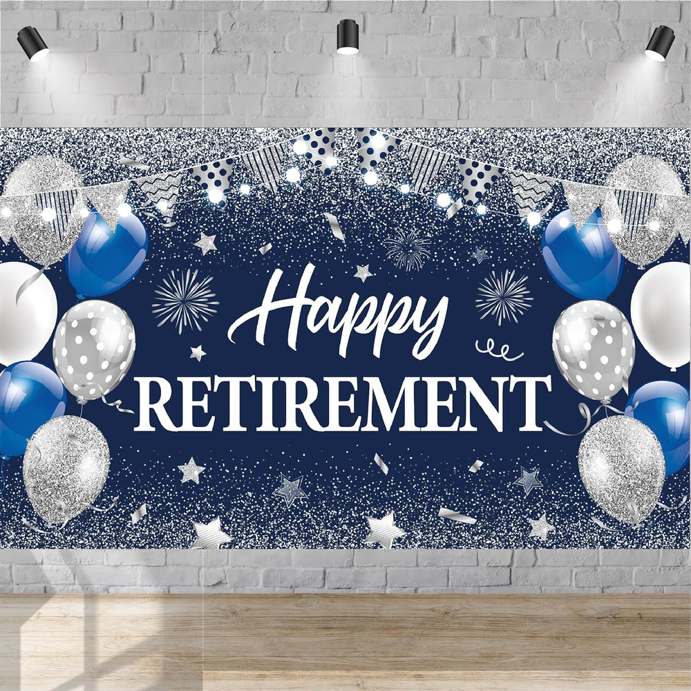 Blue Silver Happy Retirement Banner Large Retirement Party Banner Backdrop for I