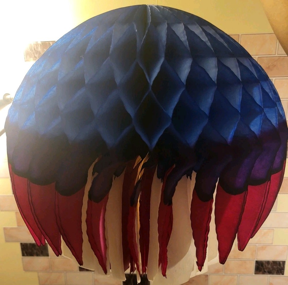 Vtg Amscan Red White & Blue Fold Open Hanging Tissue Ball Decoration 14″ Open