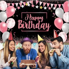 Birthday Decorations Backdrop Banner 72.8×43.3 Inch Pink Black Photo Background
