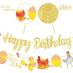 Chicken Birthday Banners 3PCS Party Decorations Glitter Gold Chicken Farm Bir…