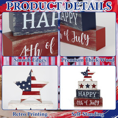 4Th of July Decorations, 4 Sets Patriotic Wooden Block Table Centerpieces, Red W