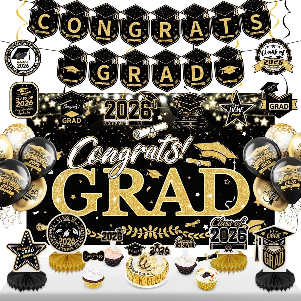 Graduation Decorations 2026 Set Black Gold, Congrats Grad Decor Set with Banner